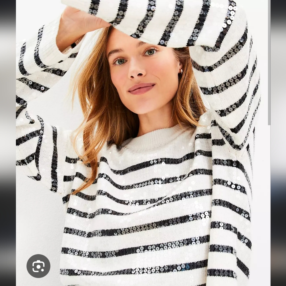 LOFT Black and White Crew Neck Sweater with Textured Stripes